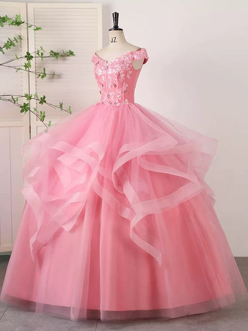 Pink Tulle Ball Gown with Lace Applique Party Dress, Pink Tulle Sweet 16 Dress Formal Dress